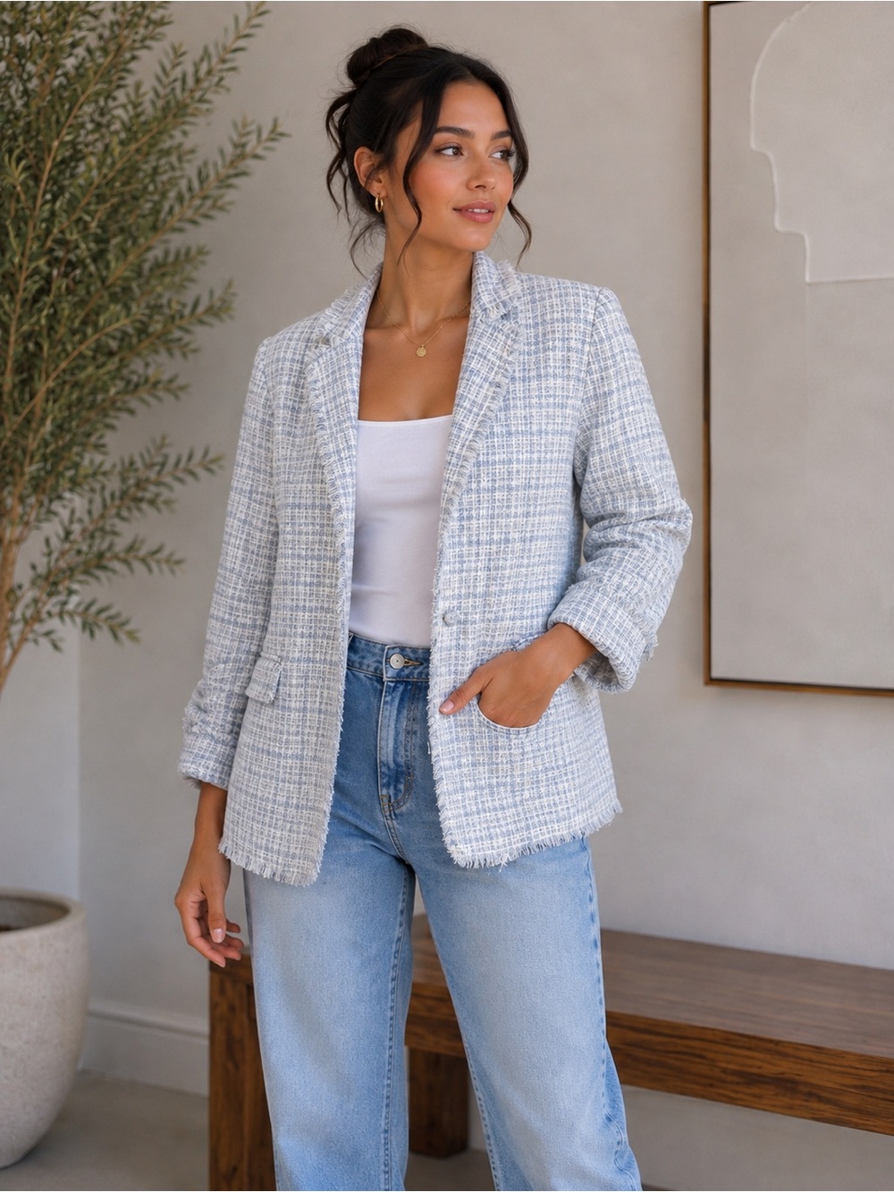Maison d’Amélie Women’s Blue & White Tweed Blazer Wool Blend. Size: 6